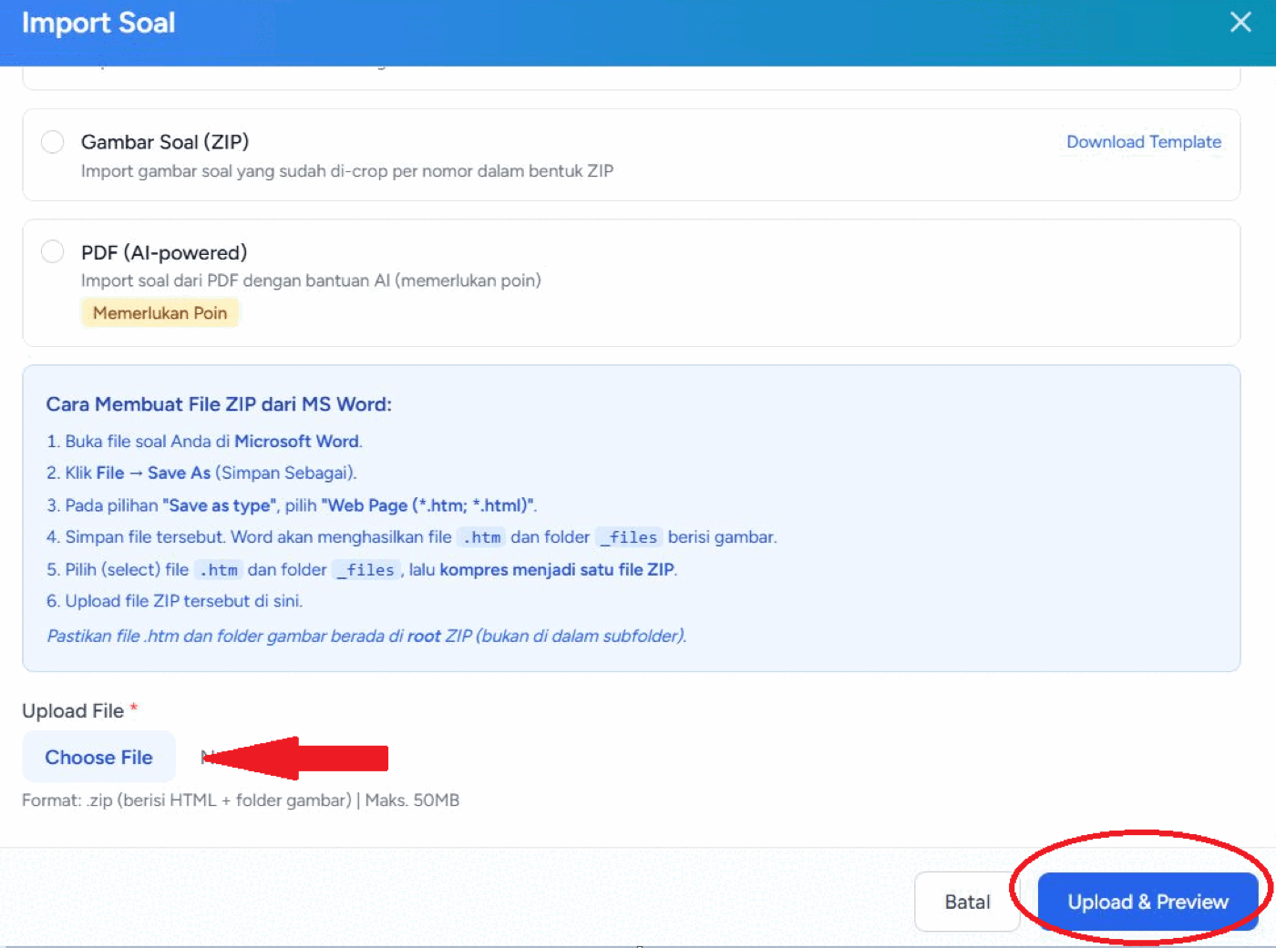 Mengunggah berkas ZIP hasil konversi