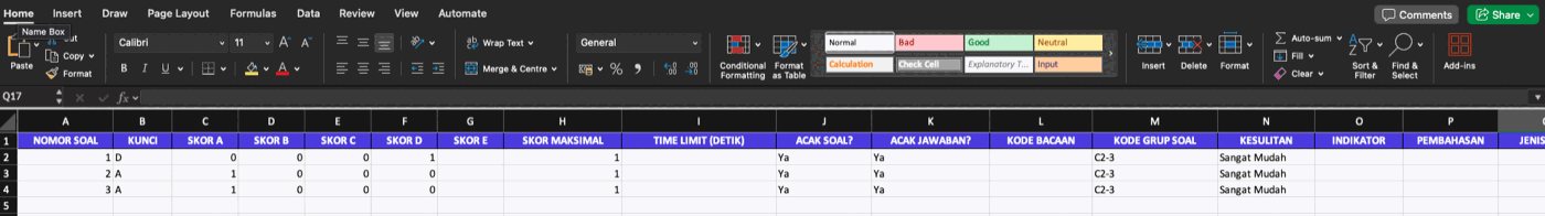 Kolom Kode Grup Soal pada template kunci