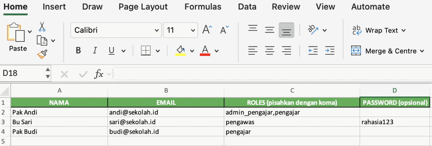 Contoh pengisian template operator