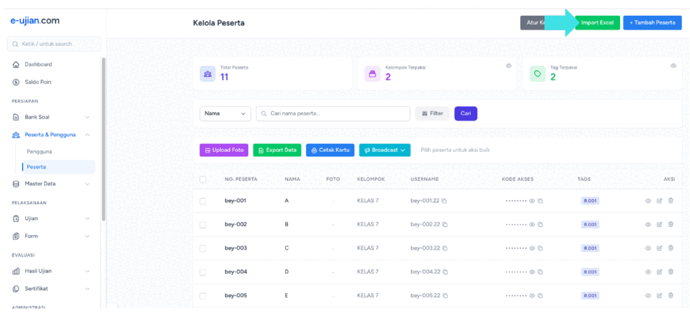 Menu Import Excel pada halaman Peserta