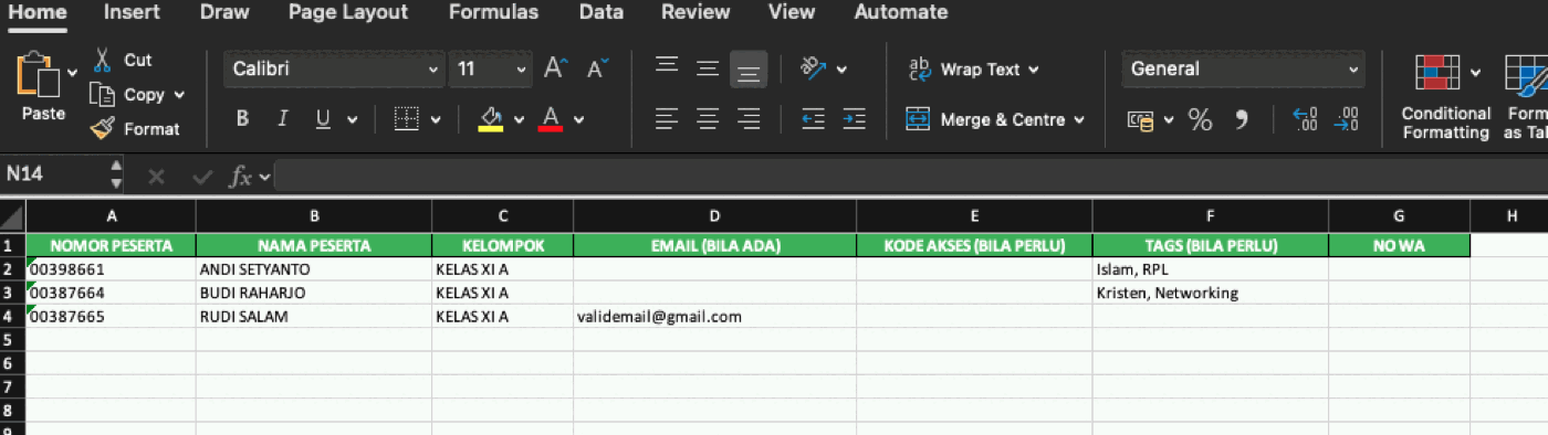 Contoh pengisian template peserta