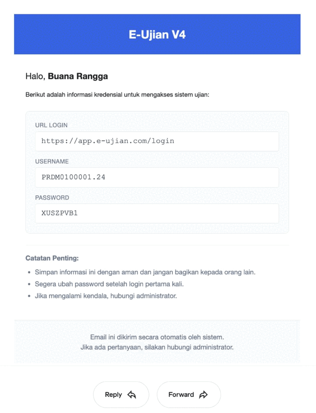 Contoh email informasi akun peserta